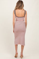 Light Pink Striped Knit Square Neck Maternity Midi Dress