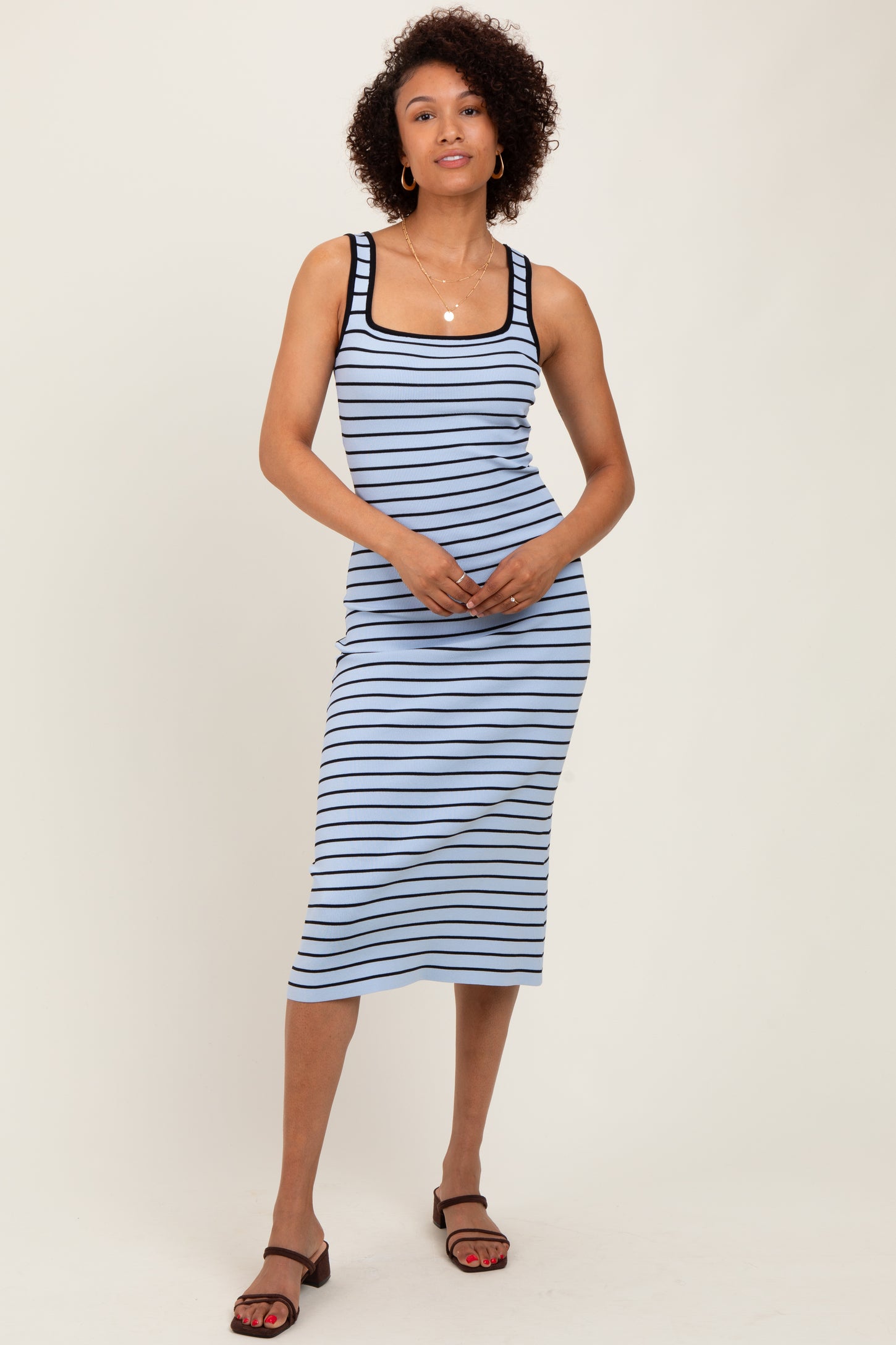 Light Blue Striped Knit Square Neck Midi Dress Light Blue Striped Knit Square Neck Midi Dress