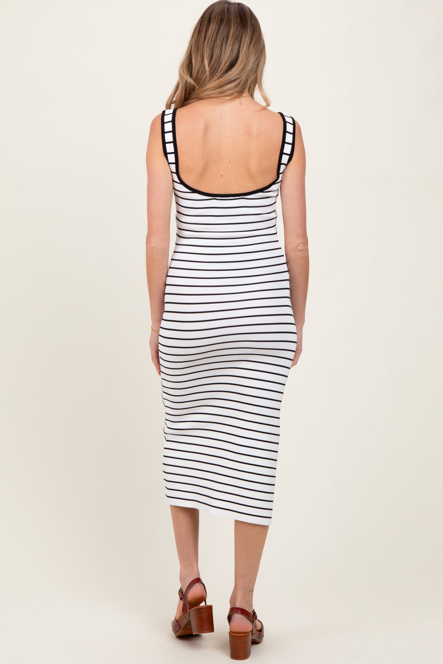 White Striped Knit Square Neck Maternity Midi Dress