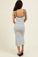 White Striped Knit Square Neck Midi Dress