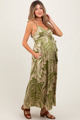 Lime Green Leaf Print Sash Tie Maternity Midi Dress