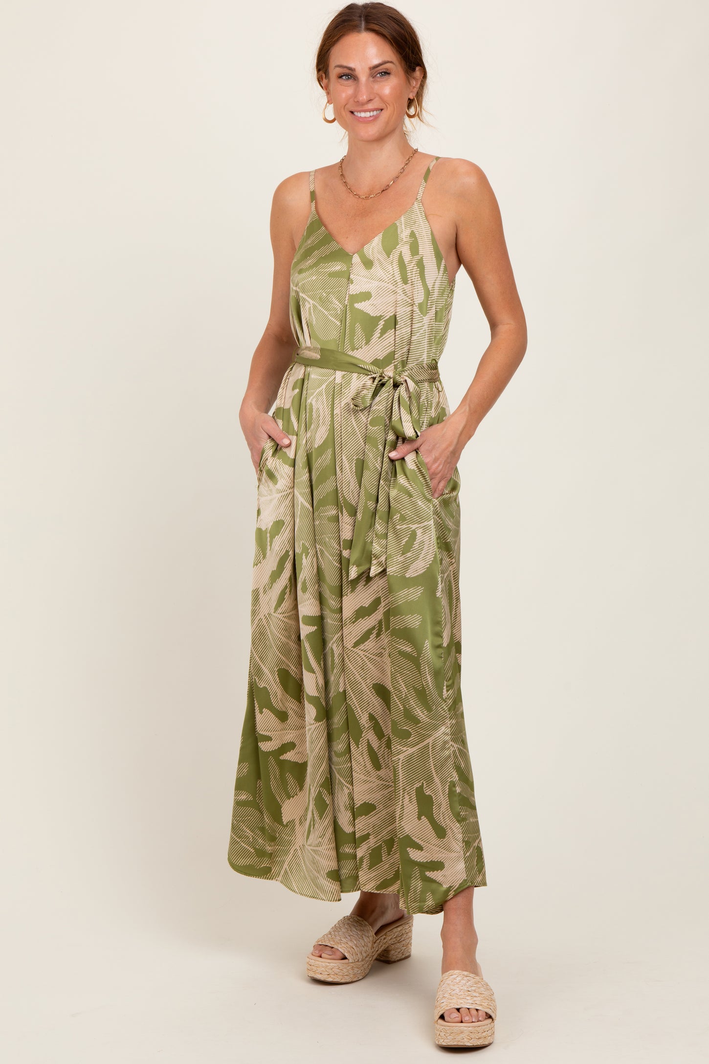 Lime Green Leaf Print Sash Tie Midi Dress Lime Green Leaf Print Sash Tie Midi Dress