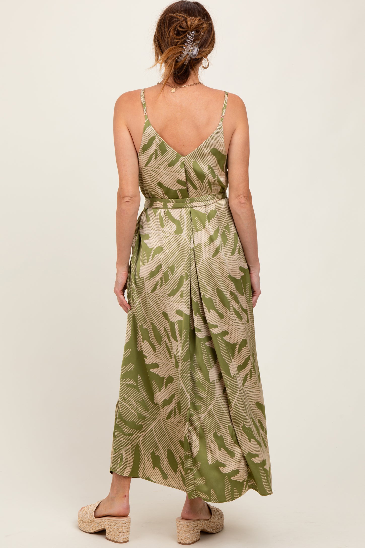 Lime Green Leaf Print Sash Tie Midi Dress