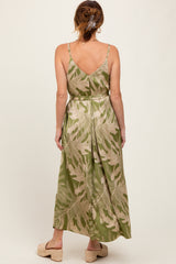 Lime Green Leaf Print Sash Tie Midi Dress