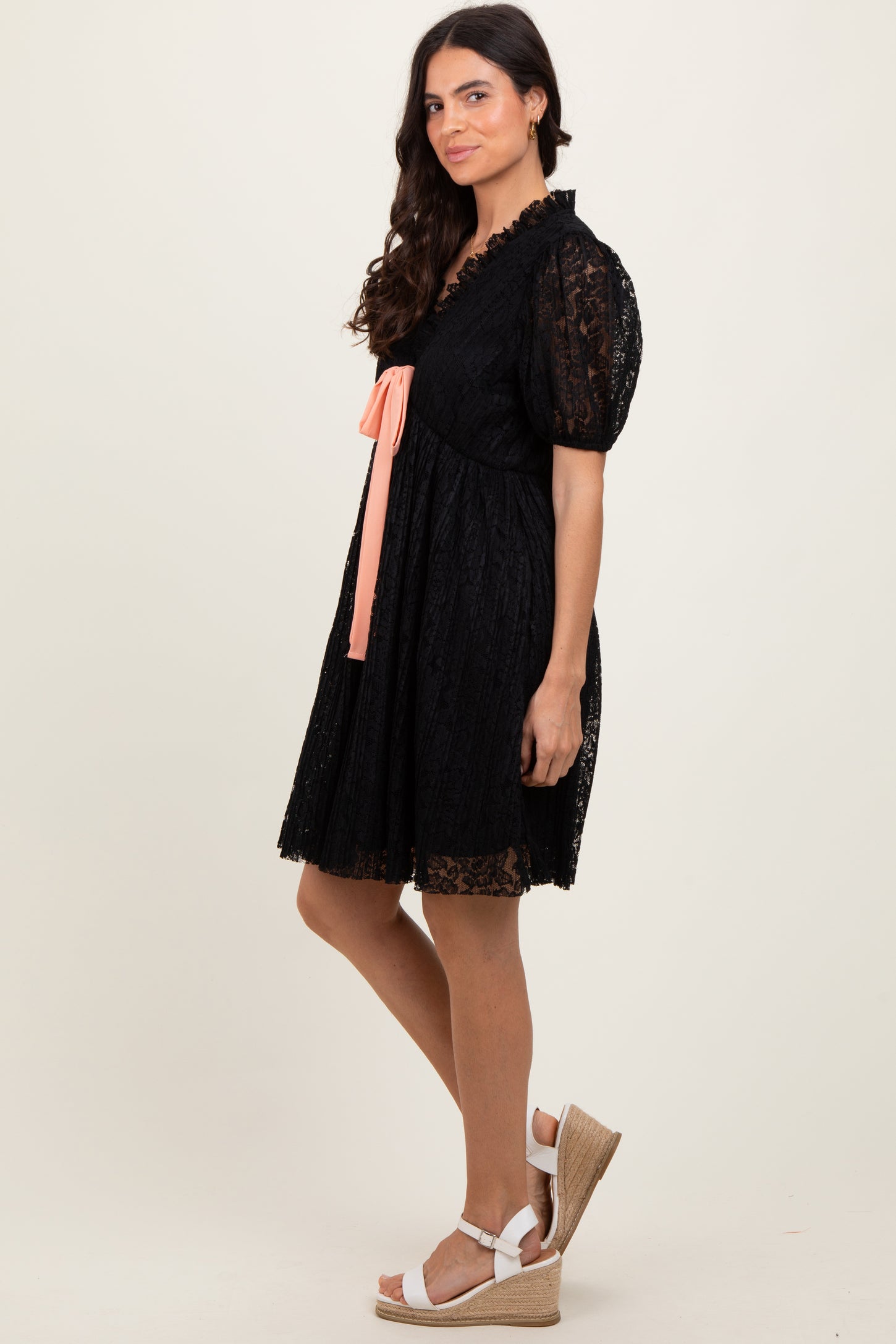 Black Ruffle V Neck Ribbon Bow Pleated Lace Lined Dress