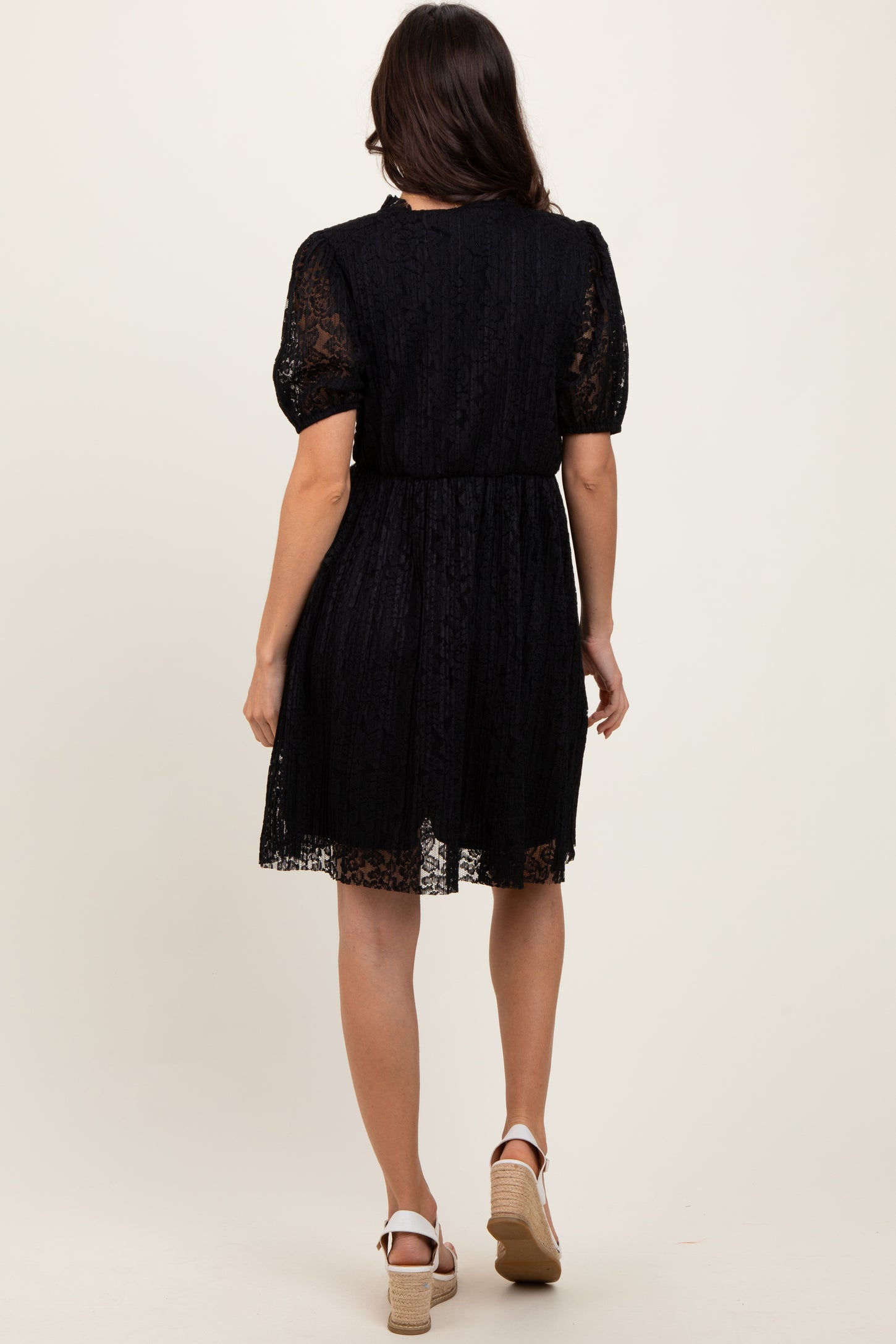 Black Ruffle V Neck Ribbon Bow Pleated Lace Lined Dress