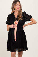 Black Ruffle V Neck Ribbon Bow Pleated Lace Lined Maternity Dress