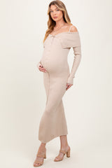 Beige Off Shoulder Long Cardigan Maternity Maxi Dress