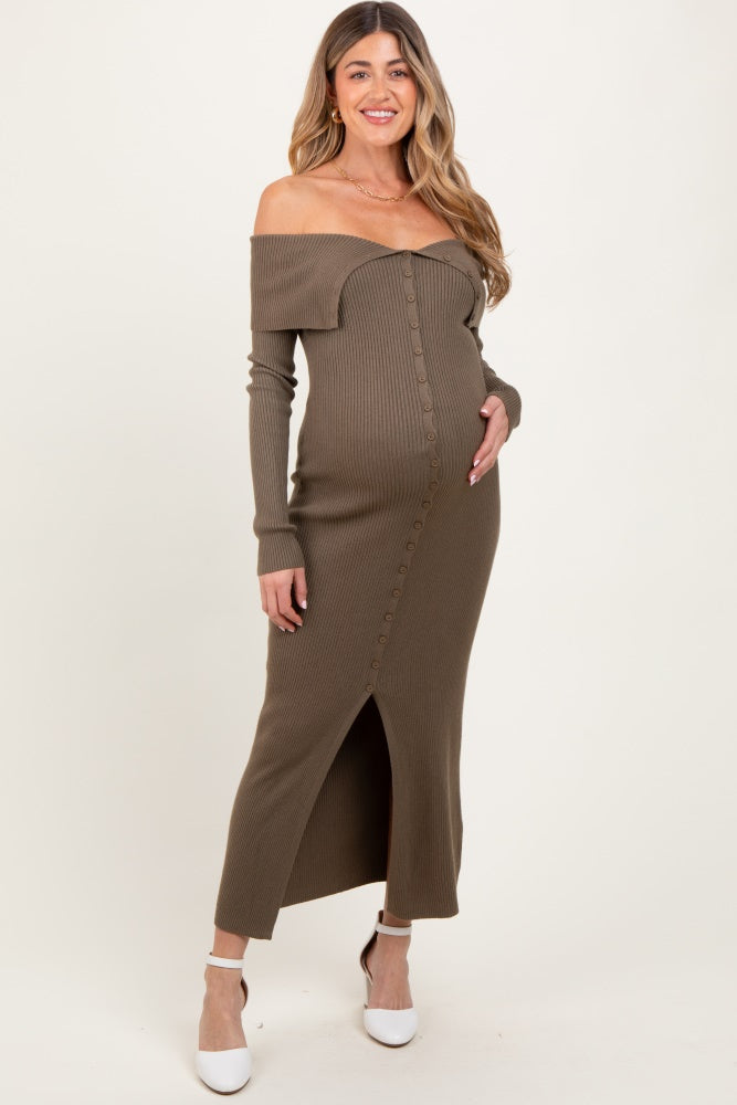 Olive Off Shoulder Long Cardigan Maternity Maxi Dress