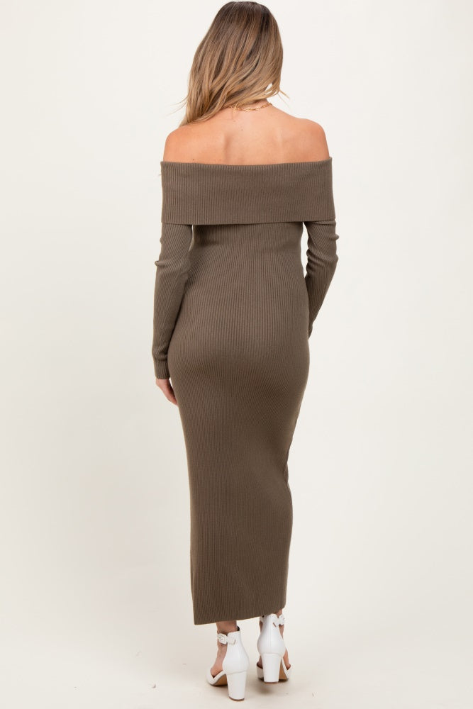 Olive Off Shoulder Long Cardigan Maternity Maxi Dress