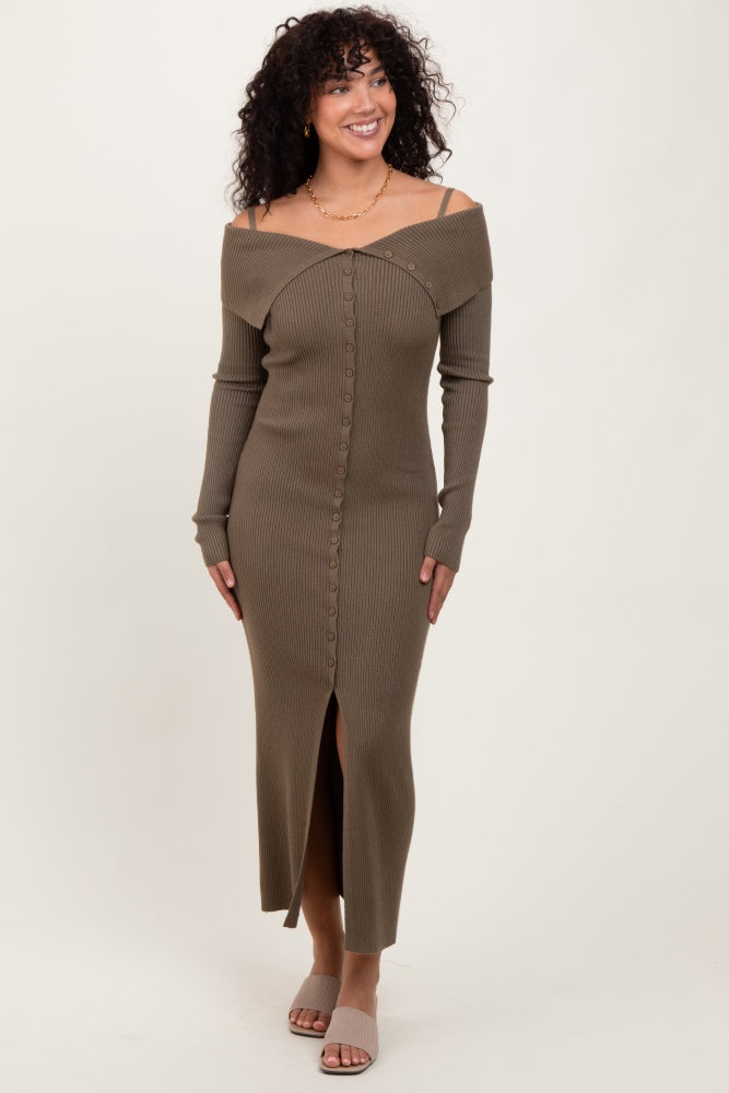 Olive Off Shoulder Long Cardigan Maternity Maxi Dress