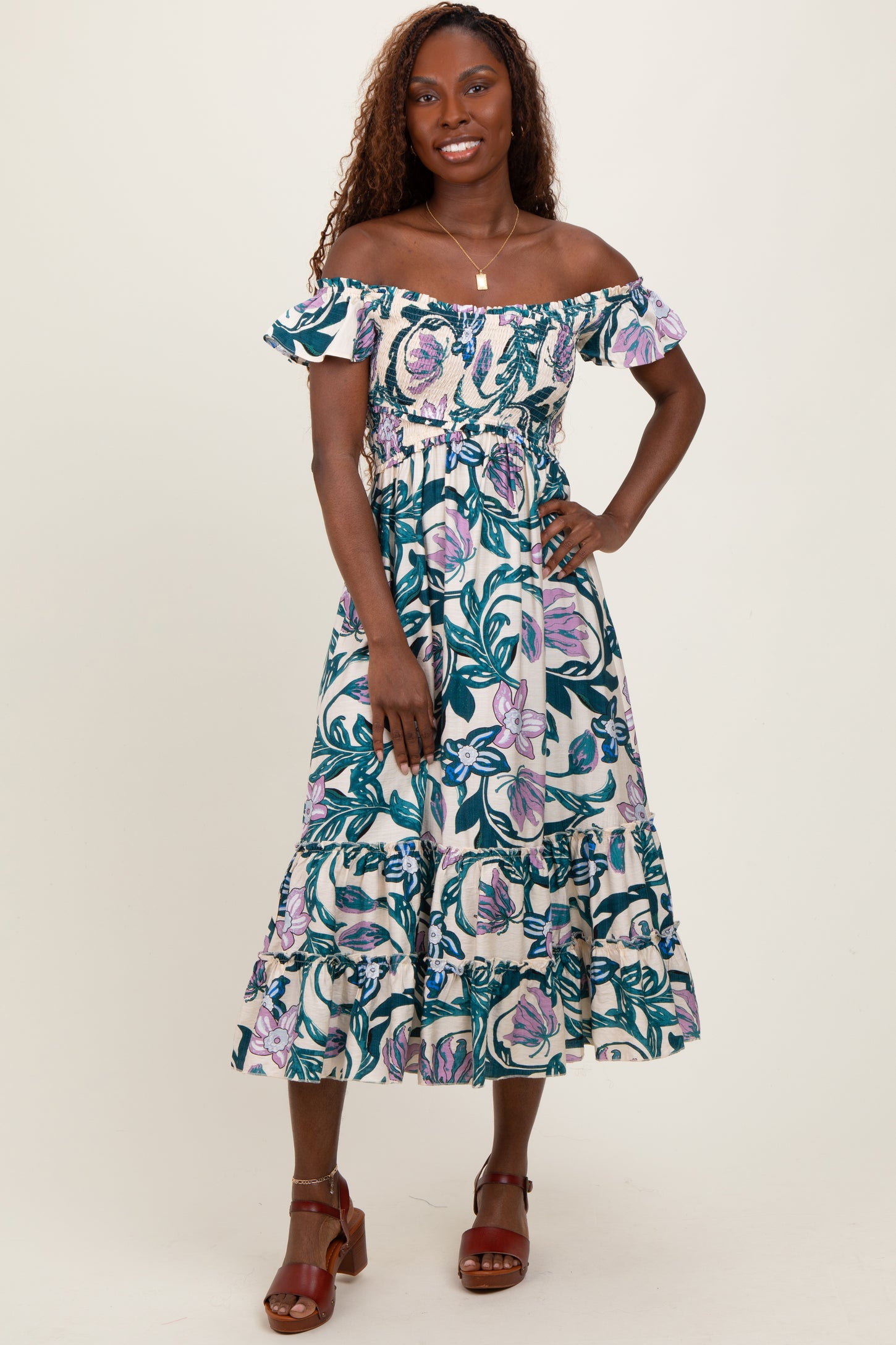 Teal Multi Smocked Top Woven Maternity Midi Dress