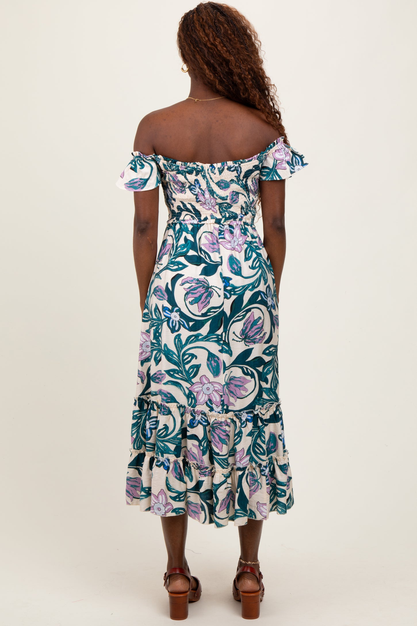 Teal Multi Smocked Top Woven Midi Dress