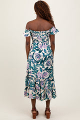 Teal Multi Smocked Top Woven Midi Dress