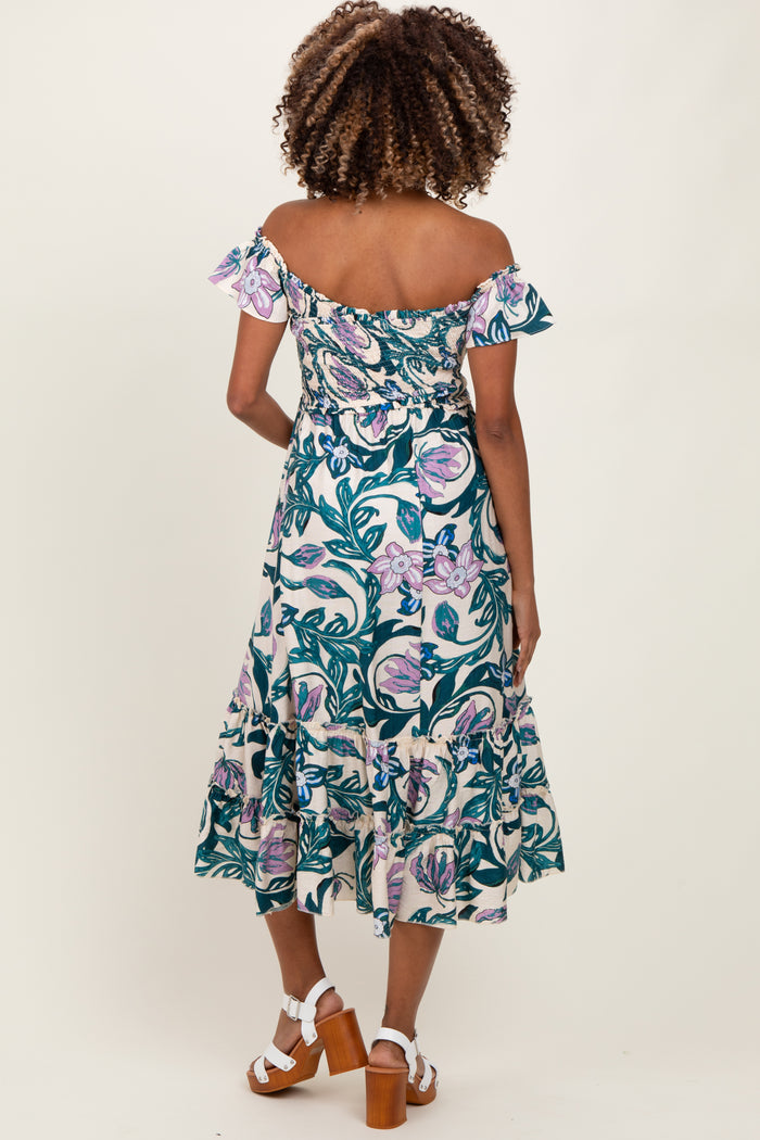 Teal Multi Smocked Top Woven Maternity Midi Dress