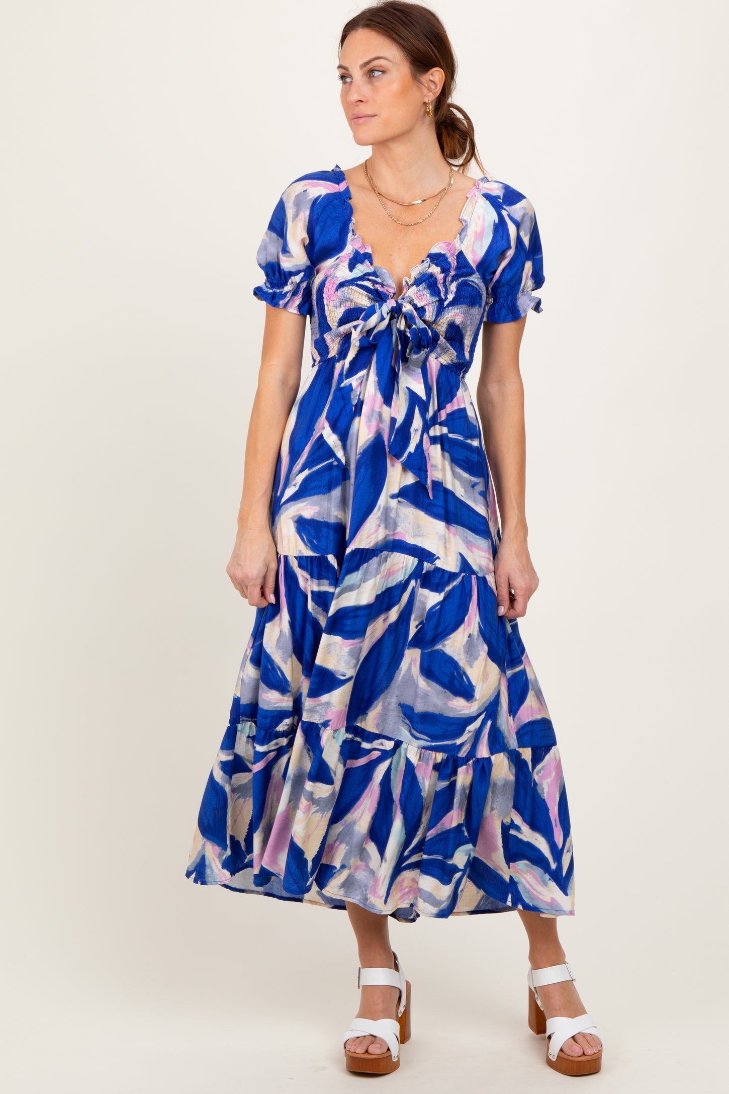 Royal Blue Blue Smocked Top Woven Tiered Maternity Dress