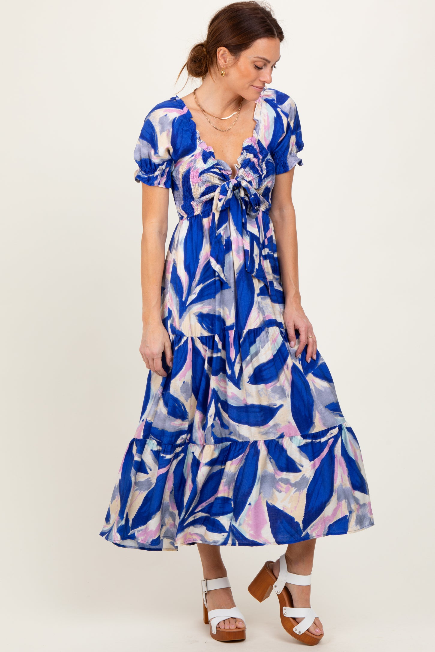 Royal Blue Blue Smocked Top Woven Tiered Dress