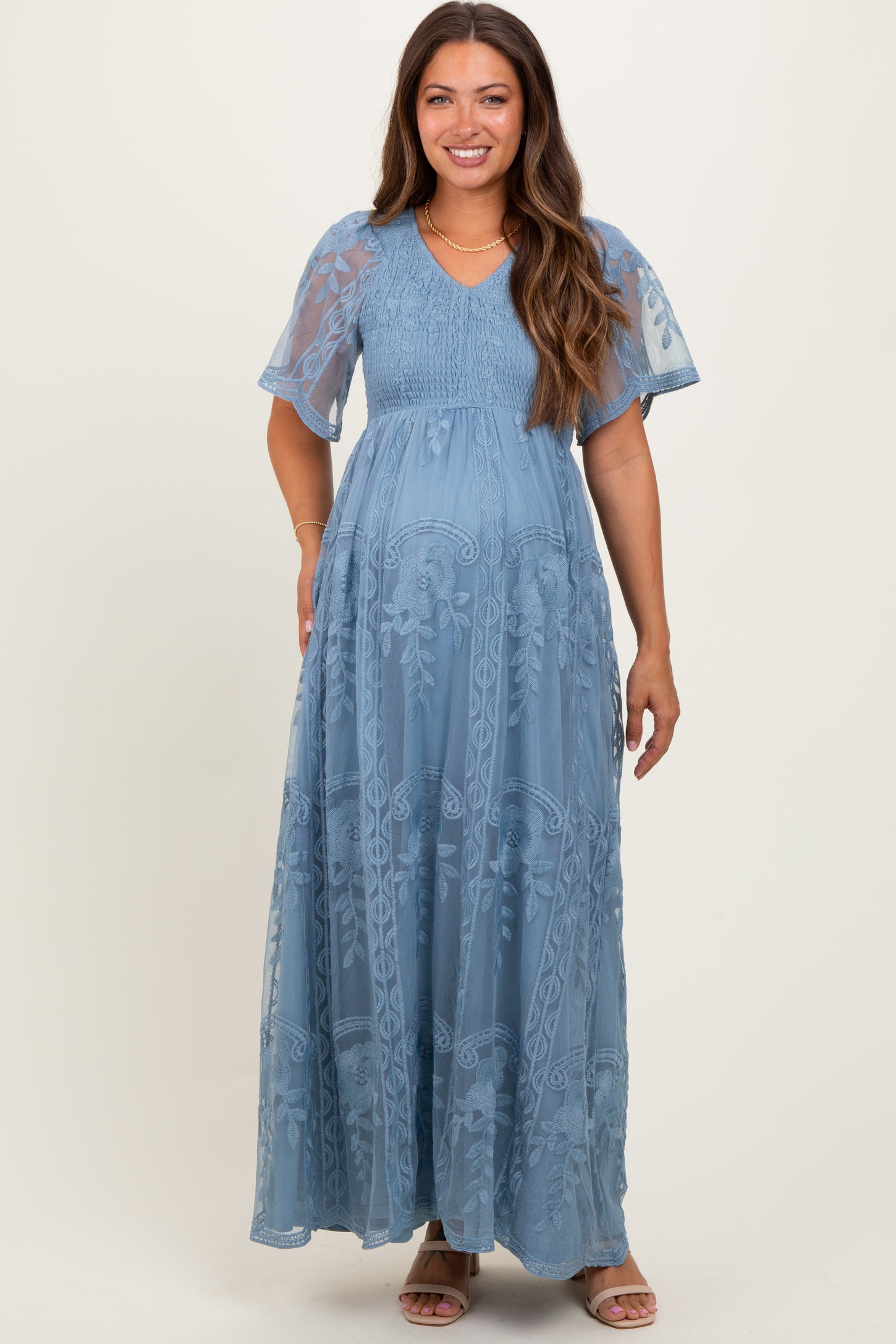 Blue Smocked Top Lace Maternity Maxi Dress Blue Smocked Top Lace Maternity Maxi Dress
