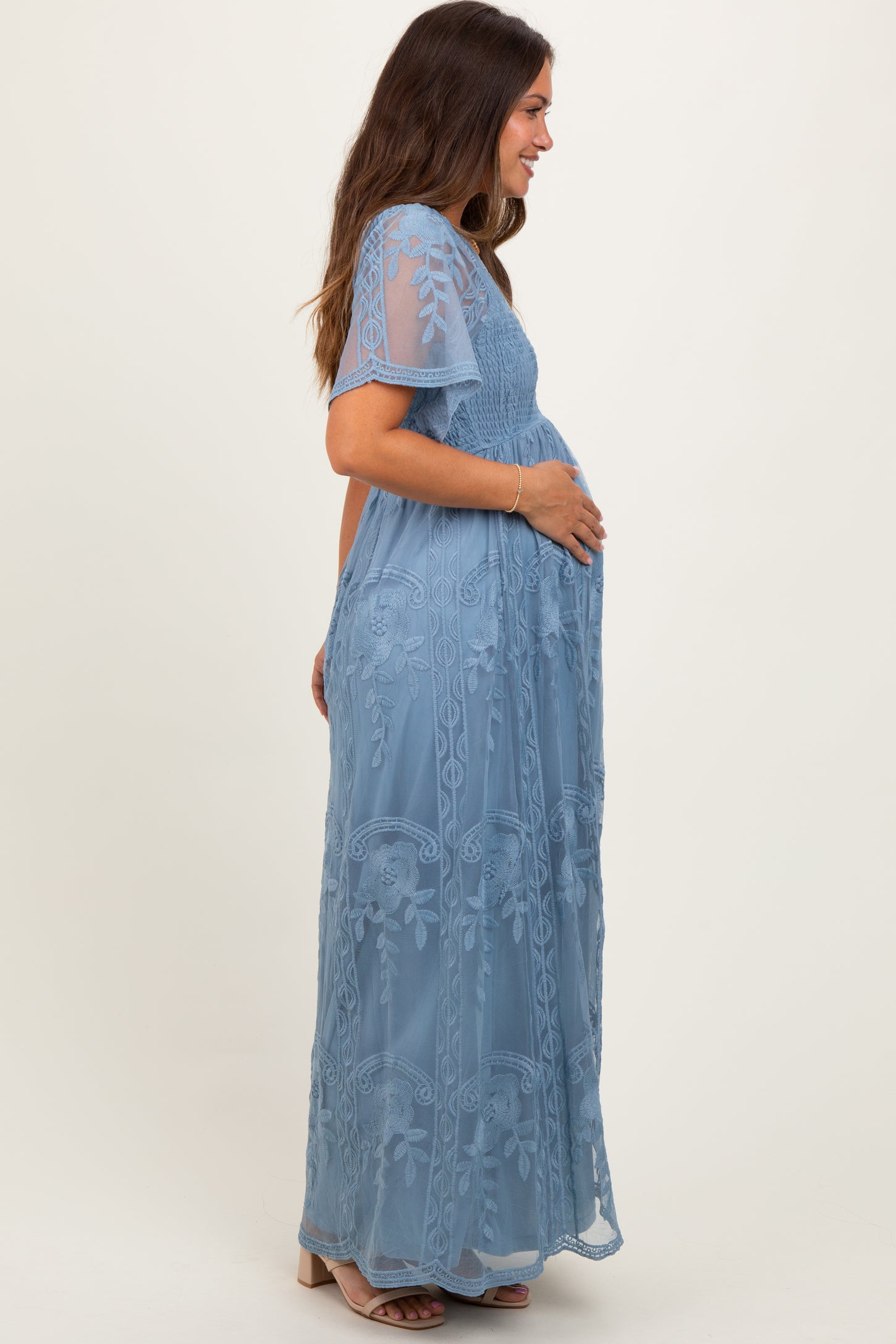 Blue Smocked Top Lace Maternity Maxi Dress