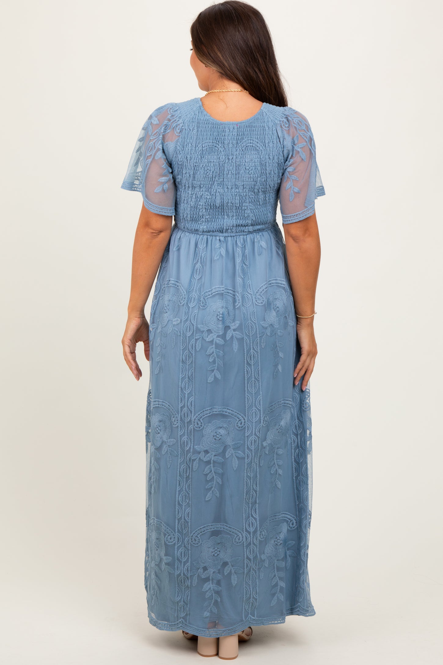 Blue Smocked Top Lace Maternity Maxi Dress PinkBlush Blue Smocked Top Lace Maternity Maxi Dress PinkBlush