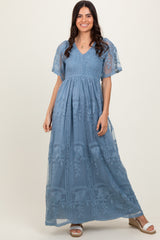 Blue Smocked Top Lace Maxi Dress