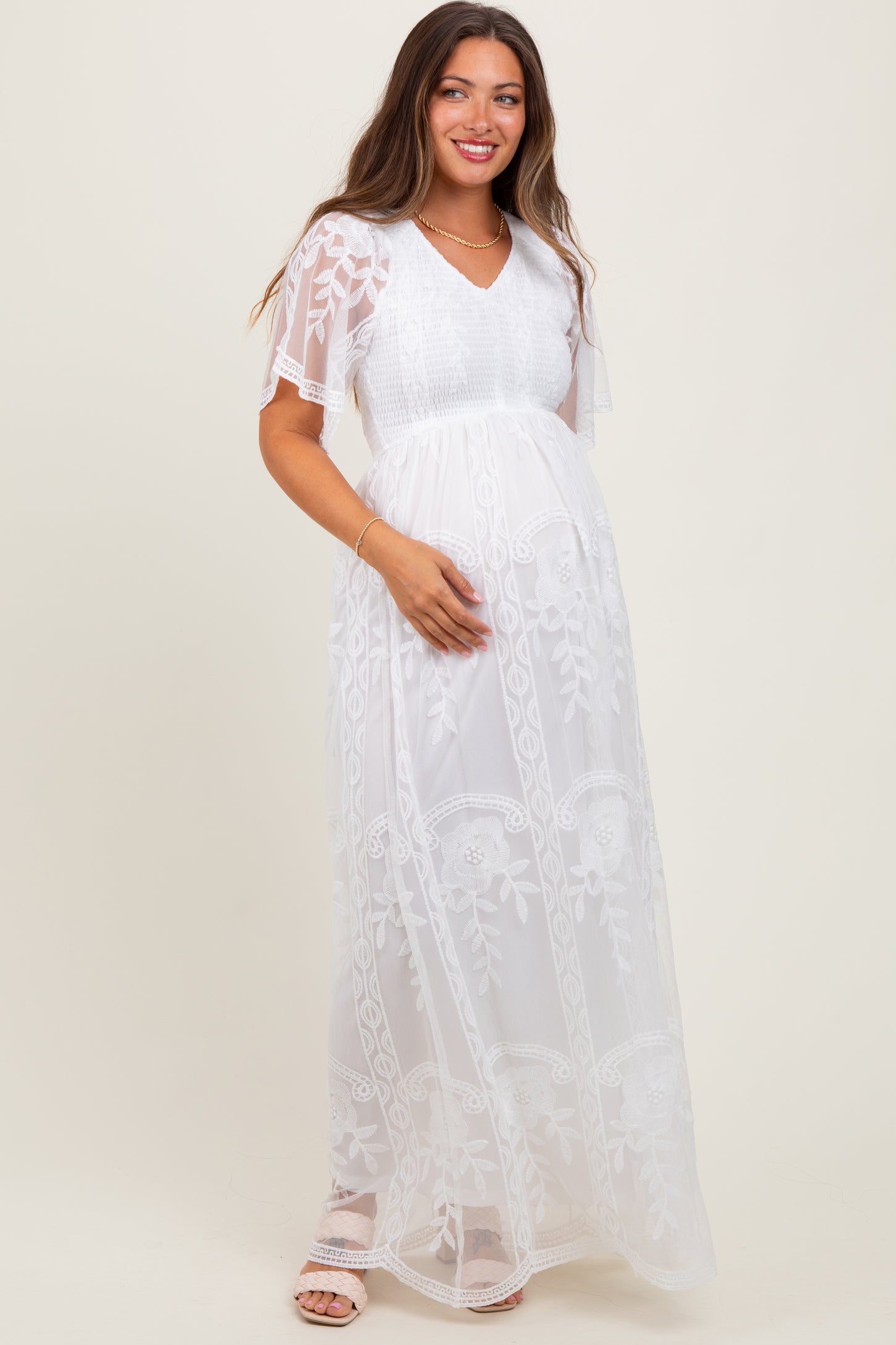 White Smocked Top Lace Maternity Maxi Dress