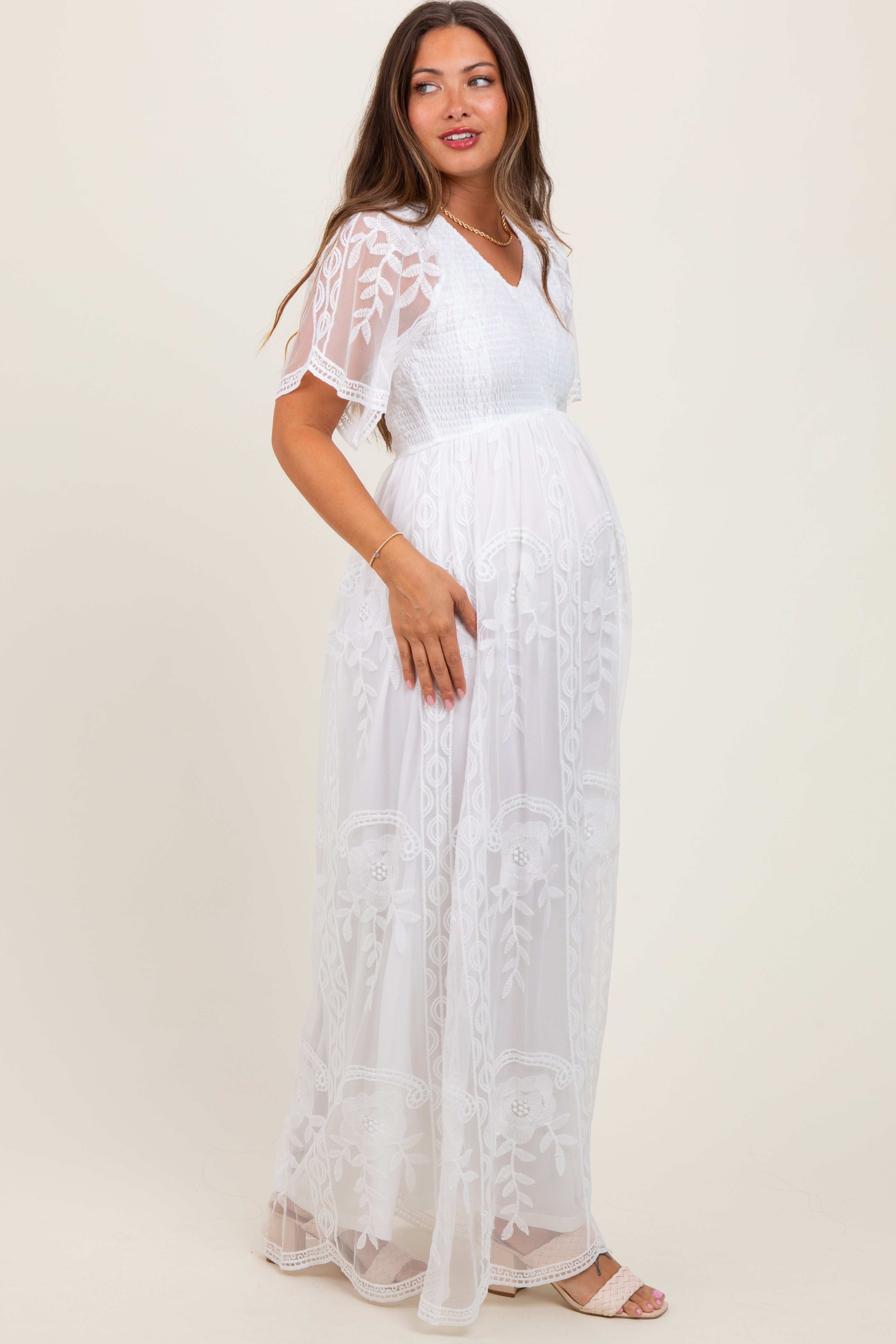 white lace maternity dress Photoshoot White / L Long sleeve Shoulder width (cm) Momyknows White Lace Off Shoulder