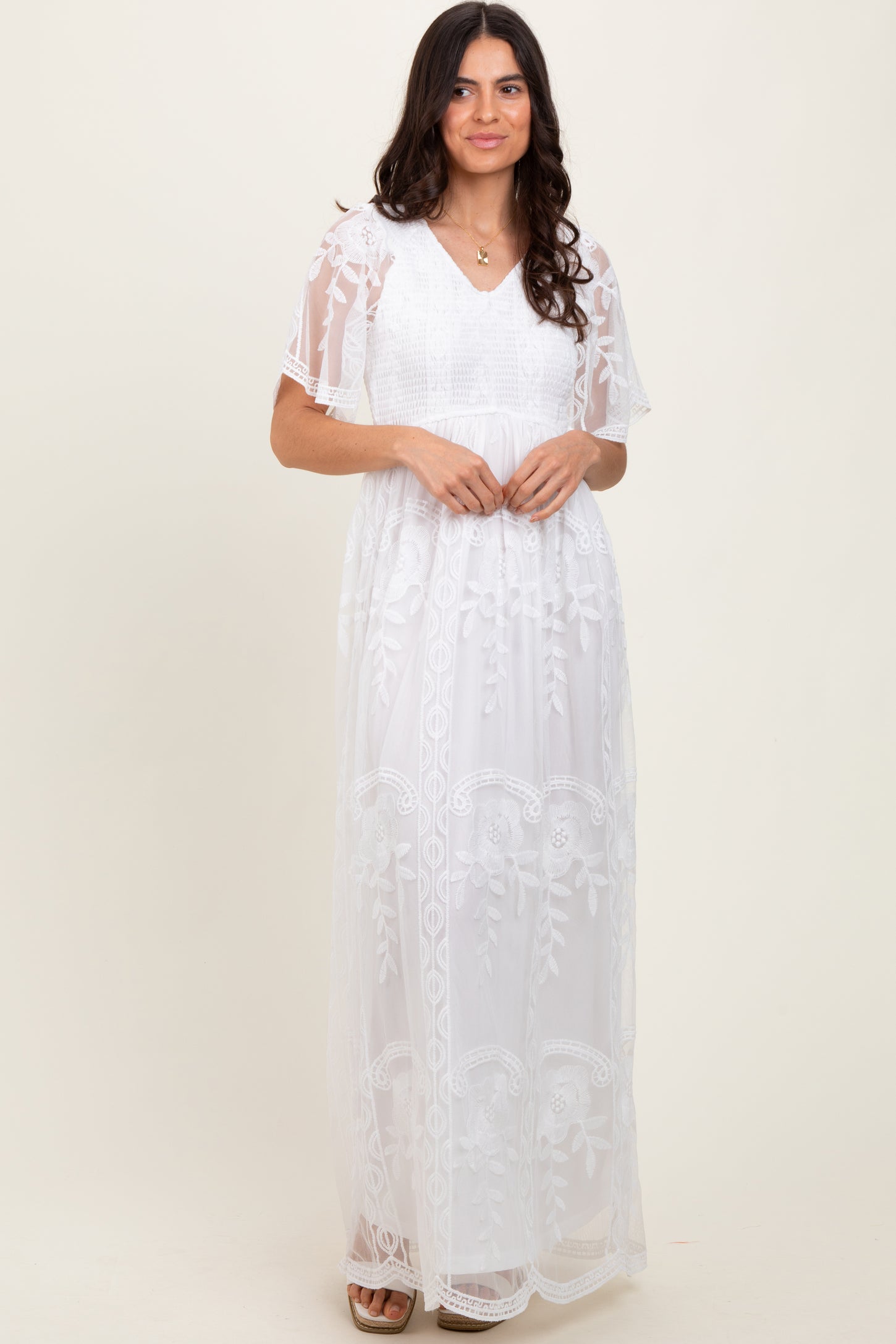 White Smocked Top Lace Maxi Dress