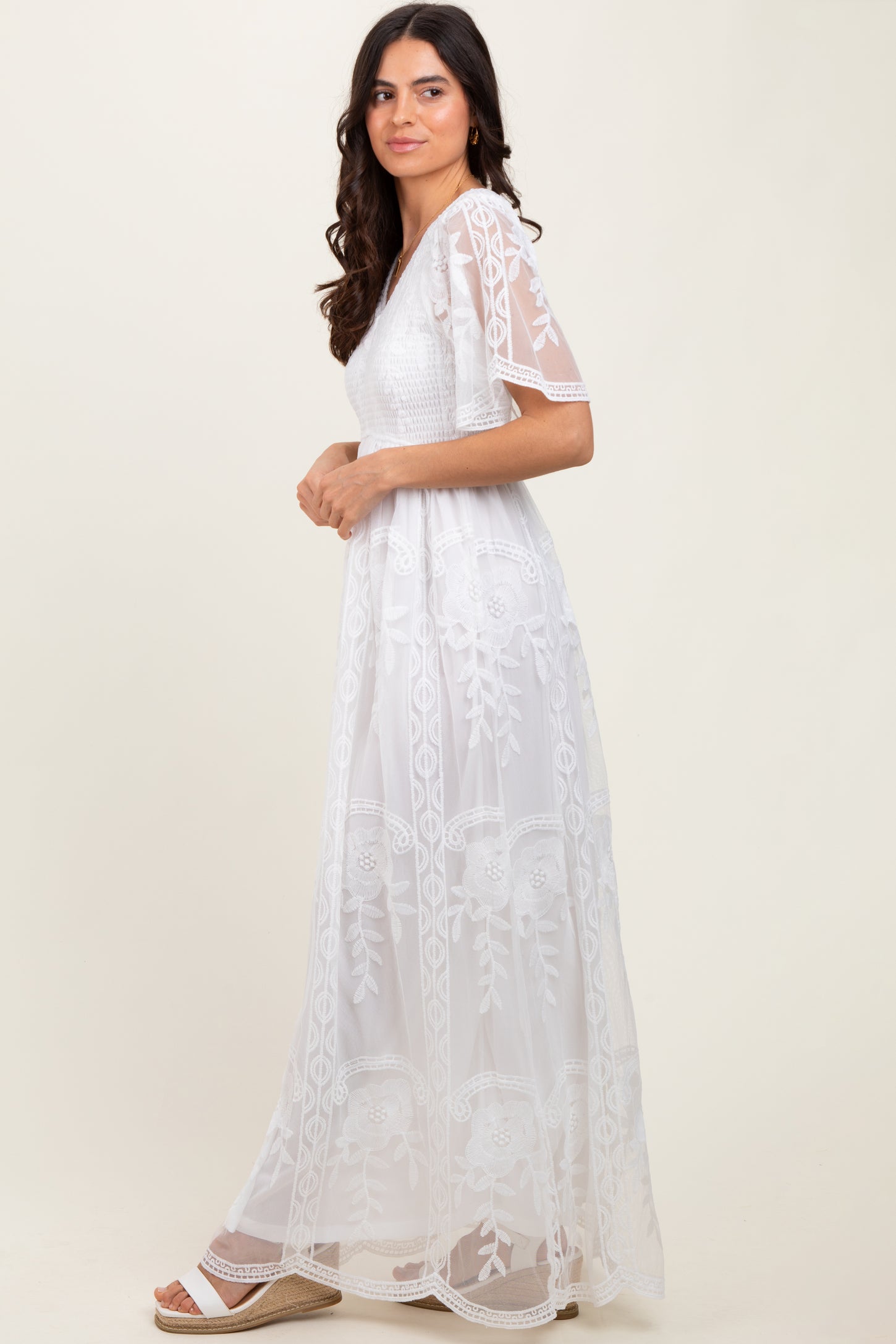 White Smocked Top Lace Maxi Dress