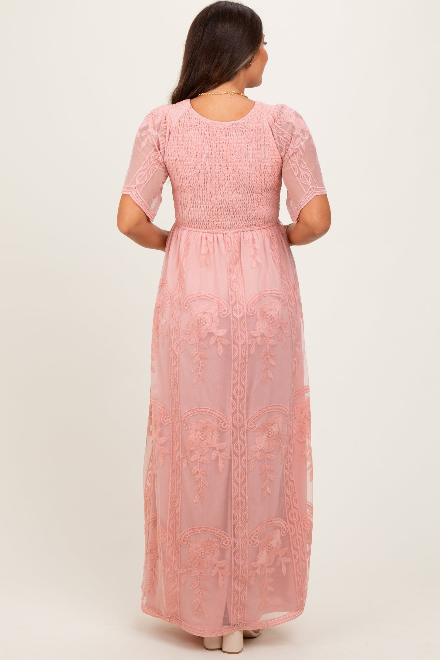 Pink Smocked Top Lace Maternity Maxi Dress – PinkBlush