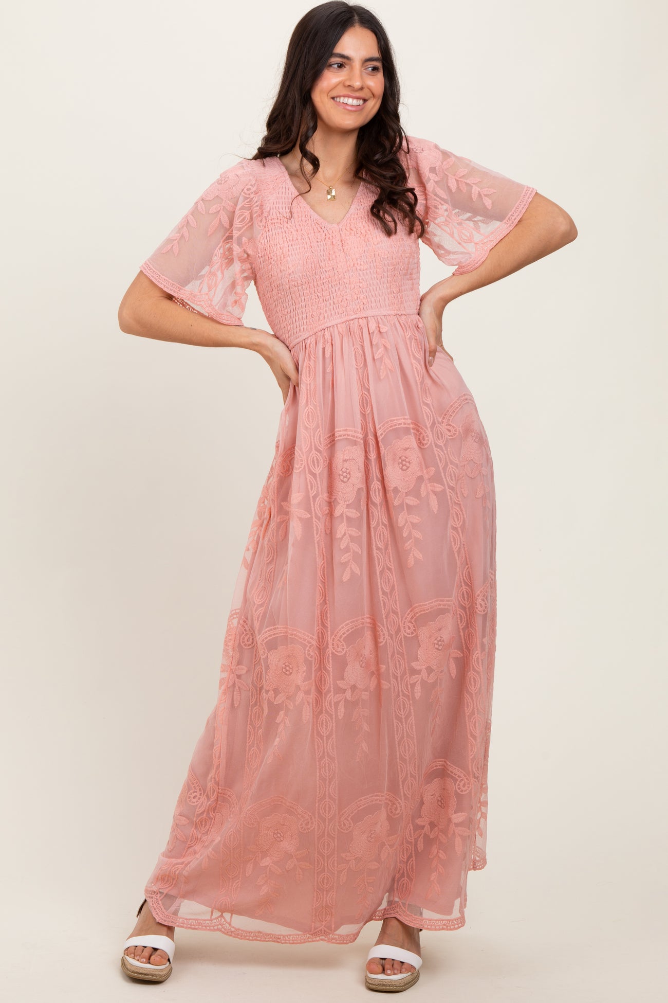 Pink Smocked Top Lace Maternity Maxi Dress – PinkBlush