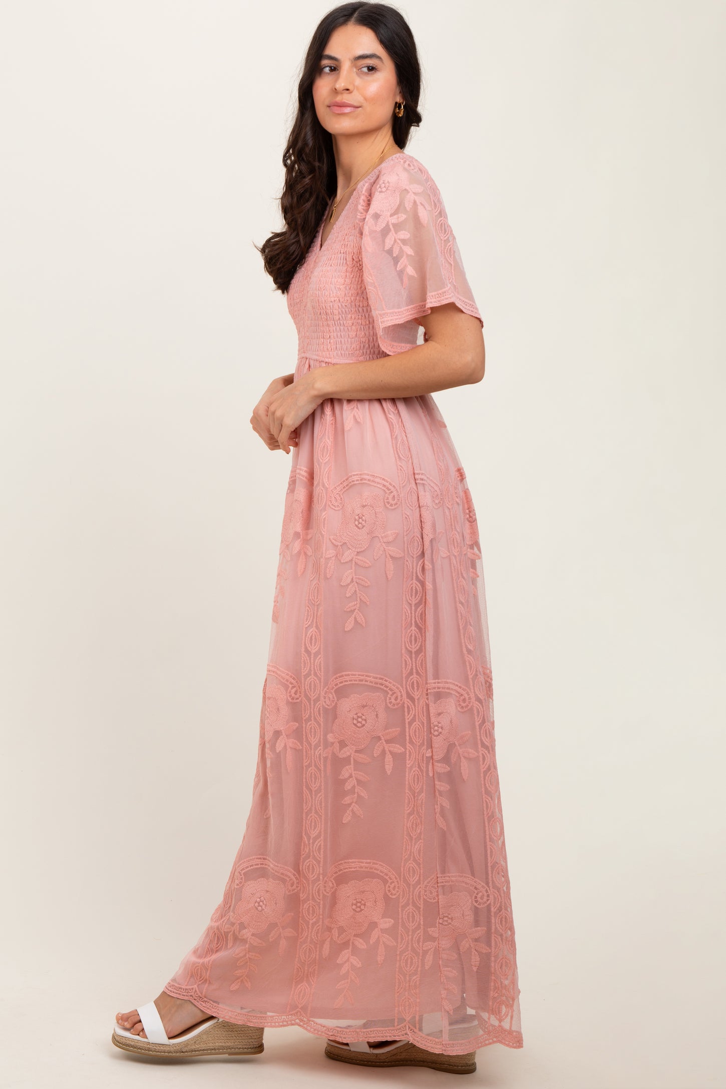 Pink Smocked Top Lace Maxi Dress