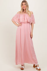 Pink Lace Off Shoulder Maxi Dress