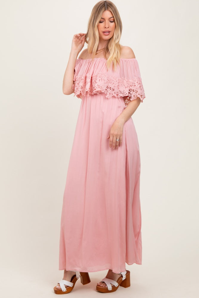 Pink Lace Off Shoulder Maxi Dress