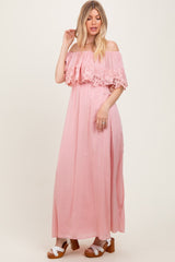 Pink Lace Off Shoulder Maxi Dress