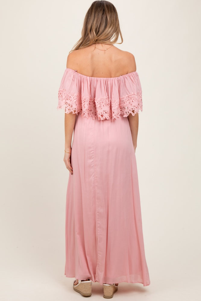 Pink Lace Off Shoulder Maternity Maxi Dress Pink Lace Off Shoulder Maternity Maxi Dress