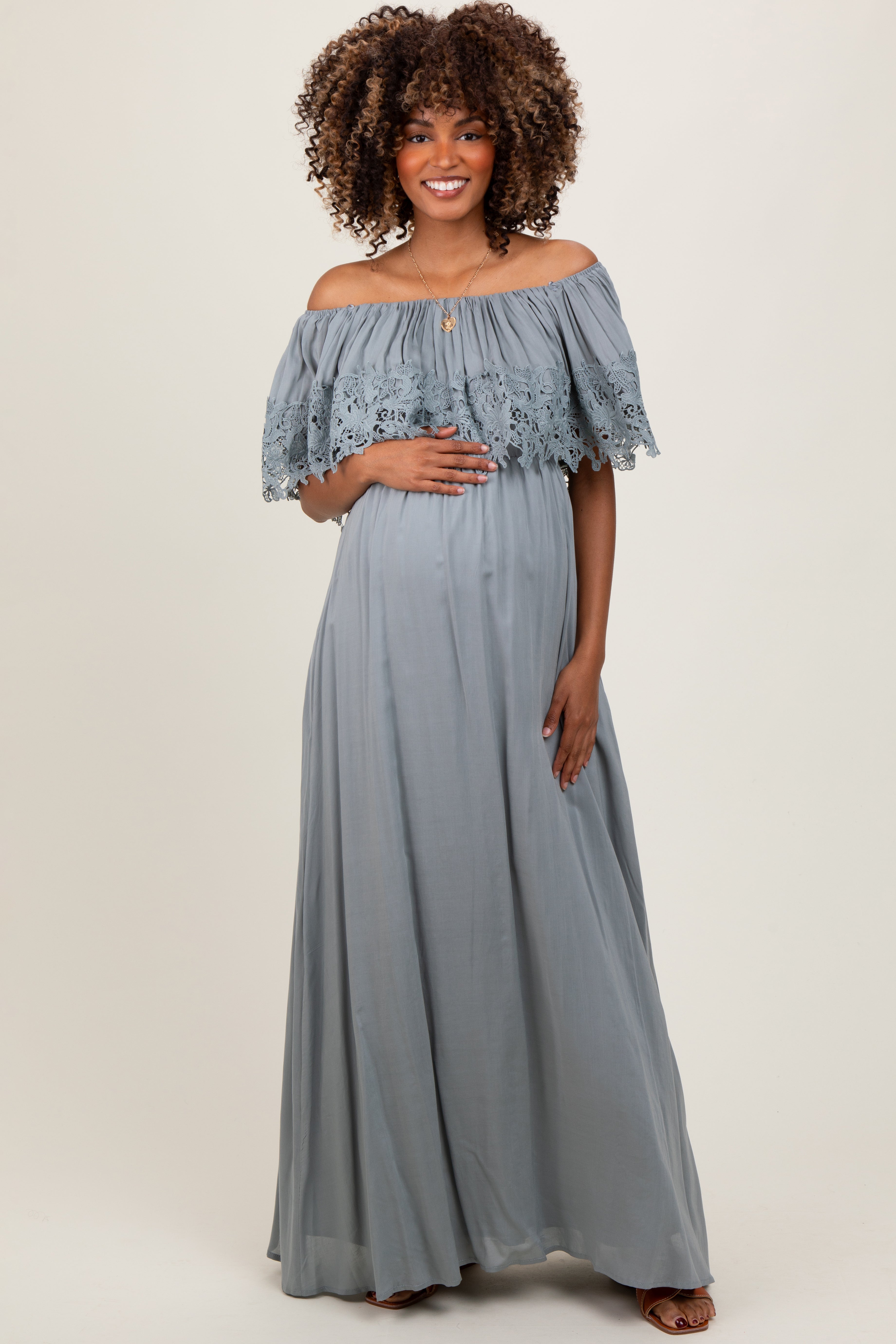 Sage Lace Off Shoulder Maternity Maxi Dress – PinkBlush