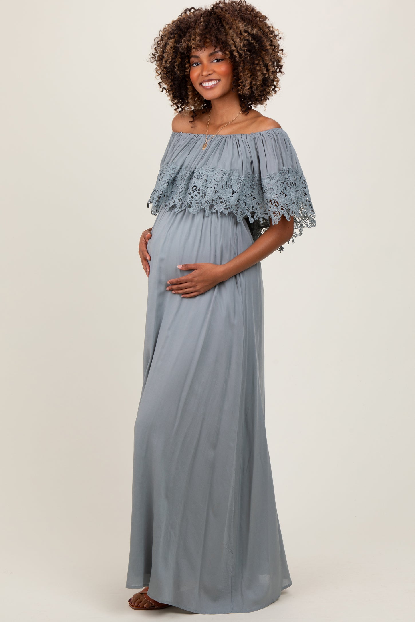 Sage Lace Off Shoulder Maternity Maxi Dress