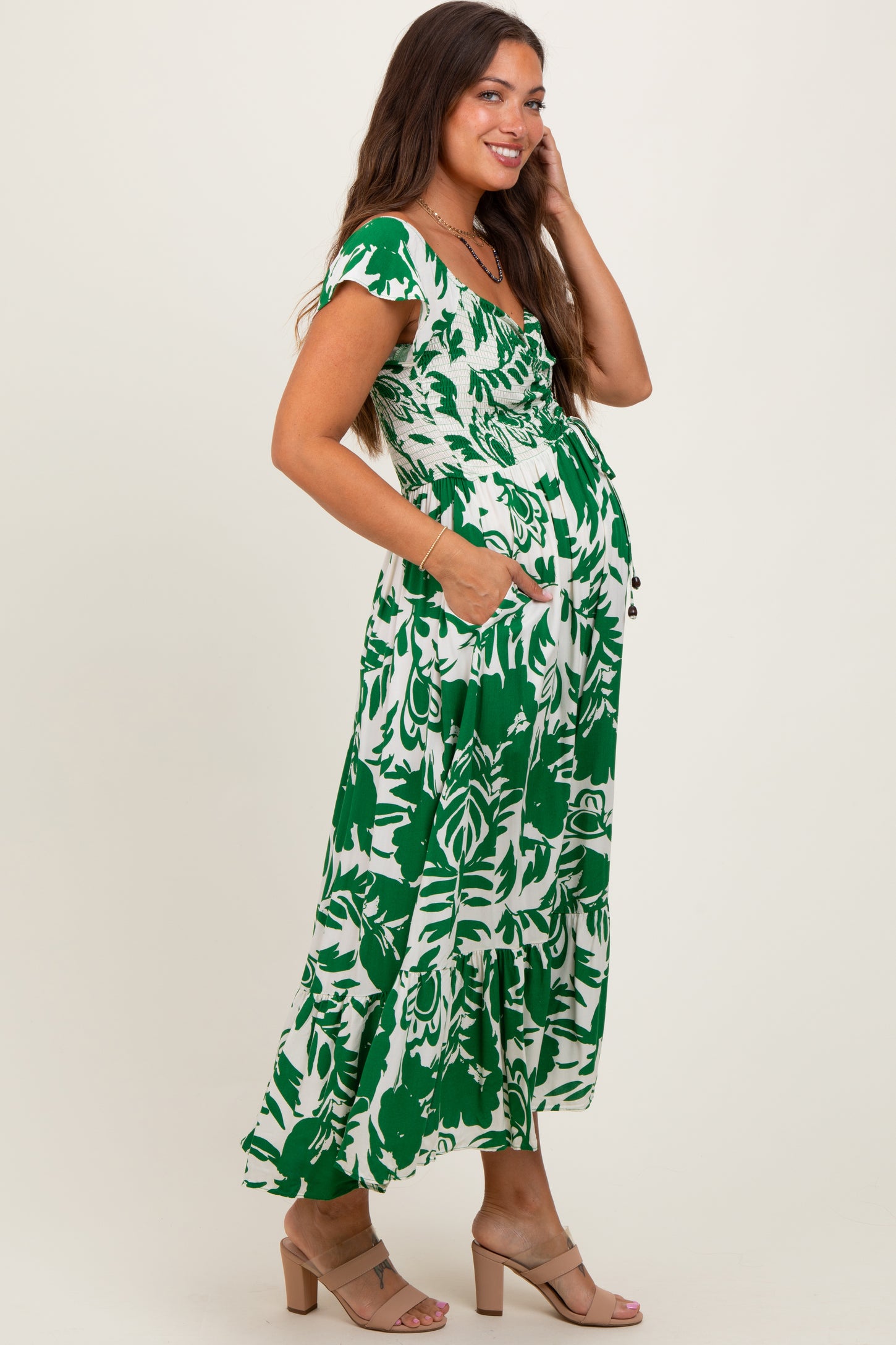 Green Cream Smocked Top Maternity Midi Dress