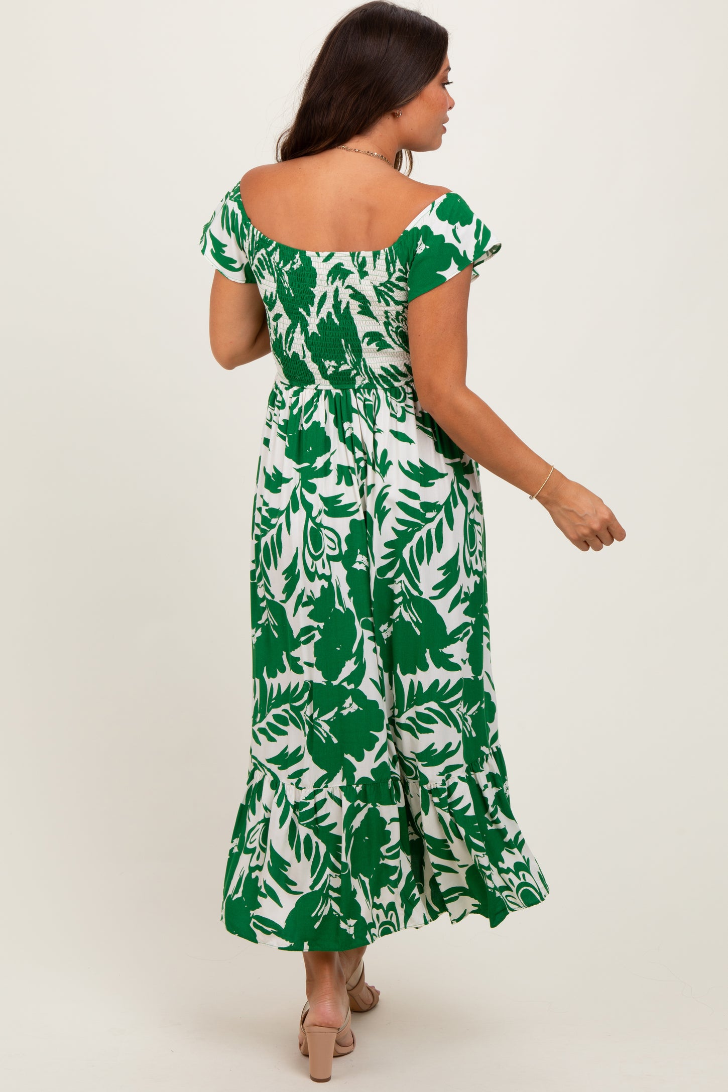 Green Cream Smocked Top Maternity Midi Dress