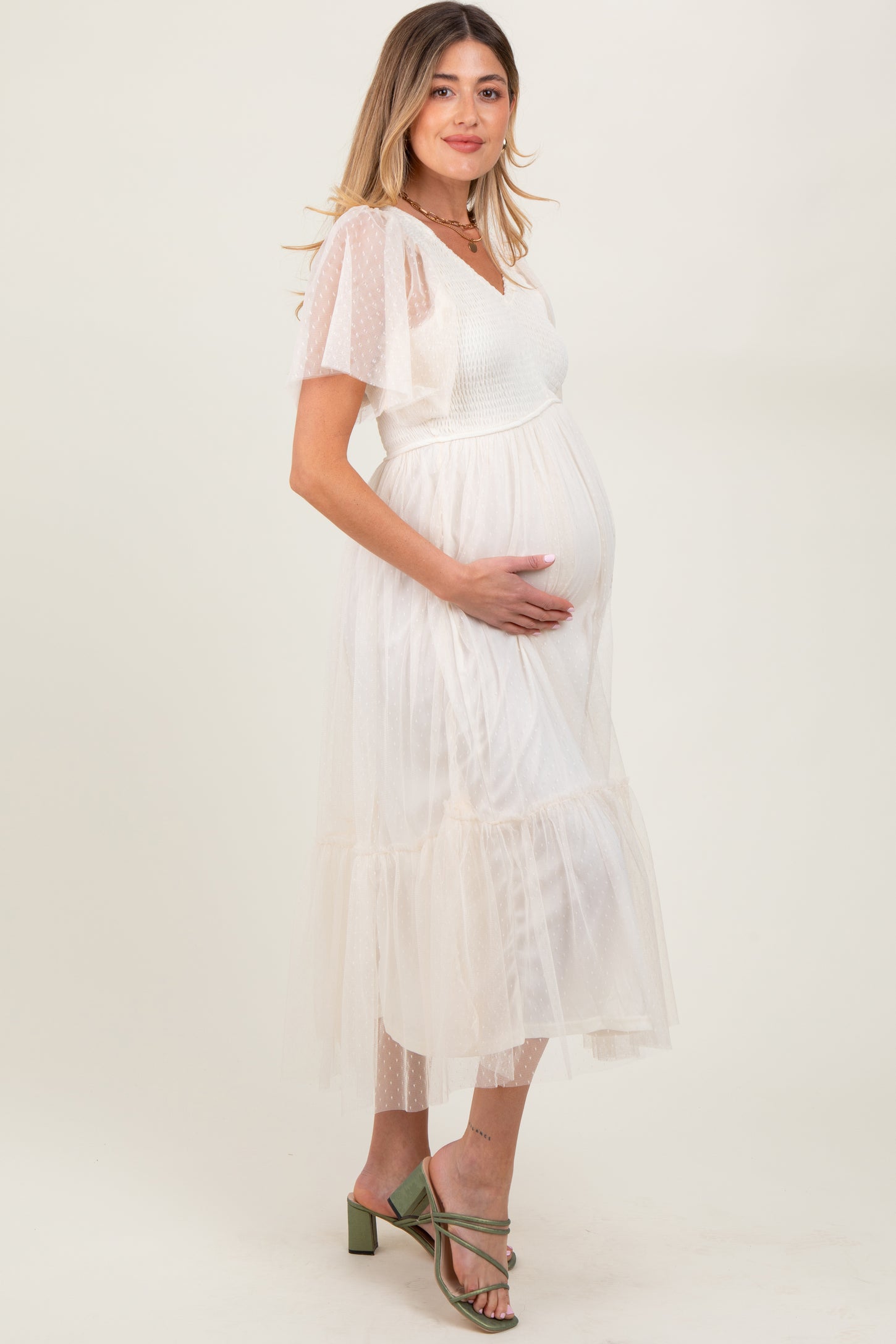 Beige Dotted Tulle Smocked Maternity Midi Dress Beige Dotted Tulle Smocked Maternity Midi Dress