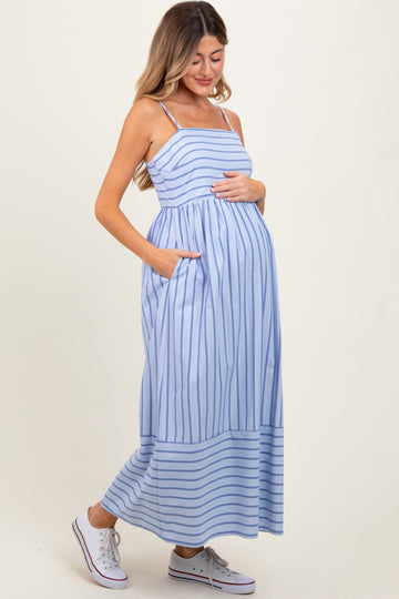 Light Blue Striped Sleeveless Maternity Maxi Dress