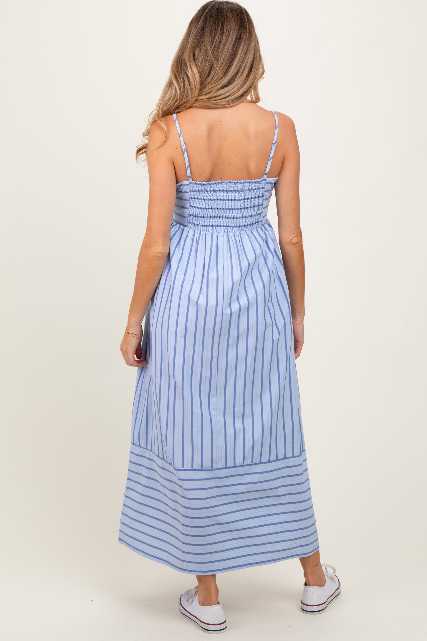 Light Blue Striped Sleeveless Maternity Maxi Dress