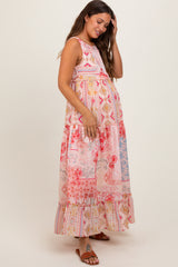 Peach Abstract Printed Maternity Maxi Dress