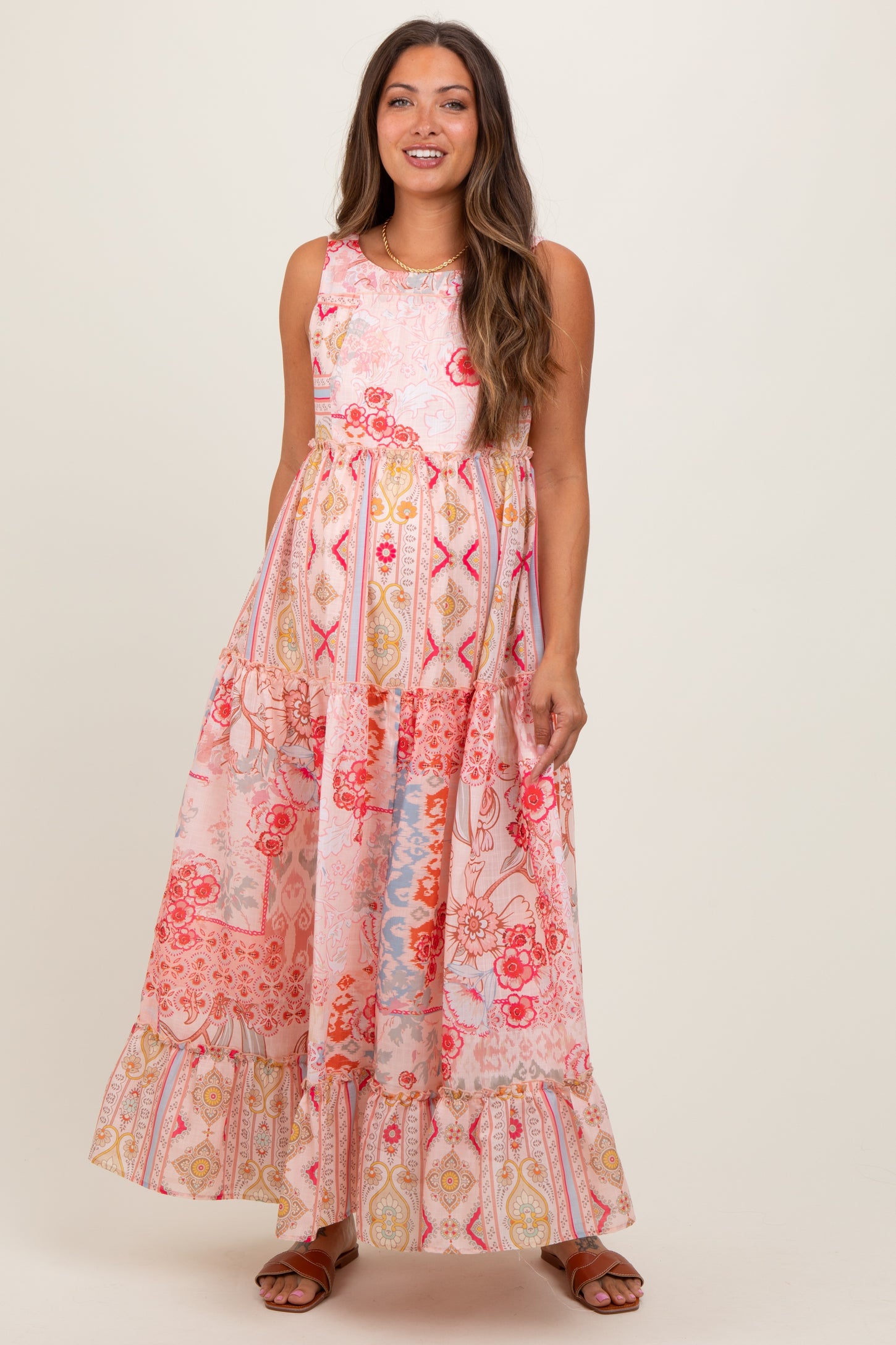 Peach Abstract Printed Maternity Maxi Dress