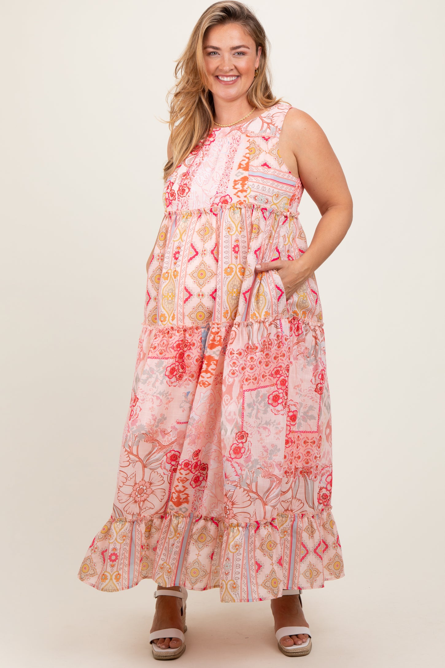 Peach Abstract Printed Plus Maternity Maxi Dress