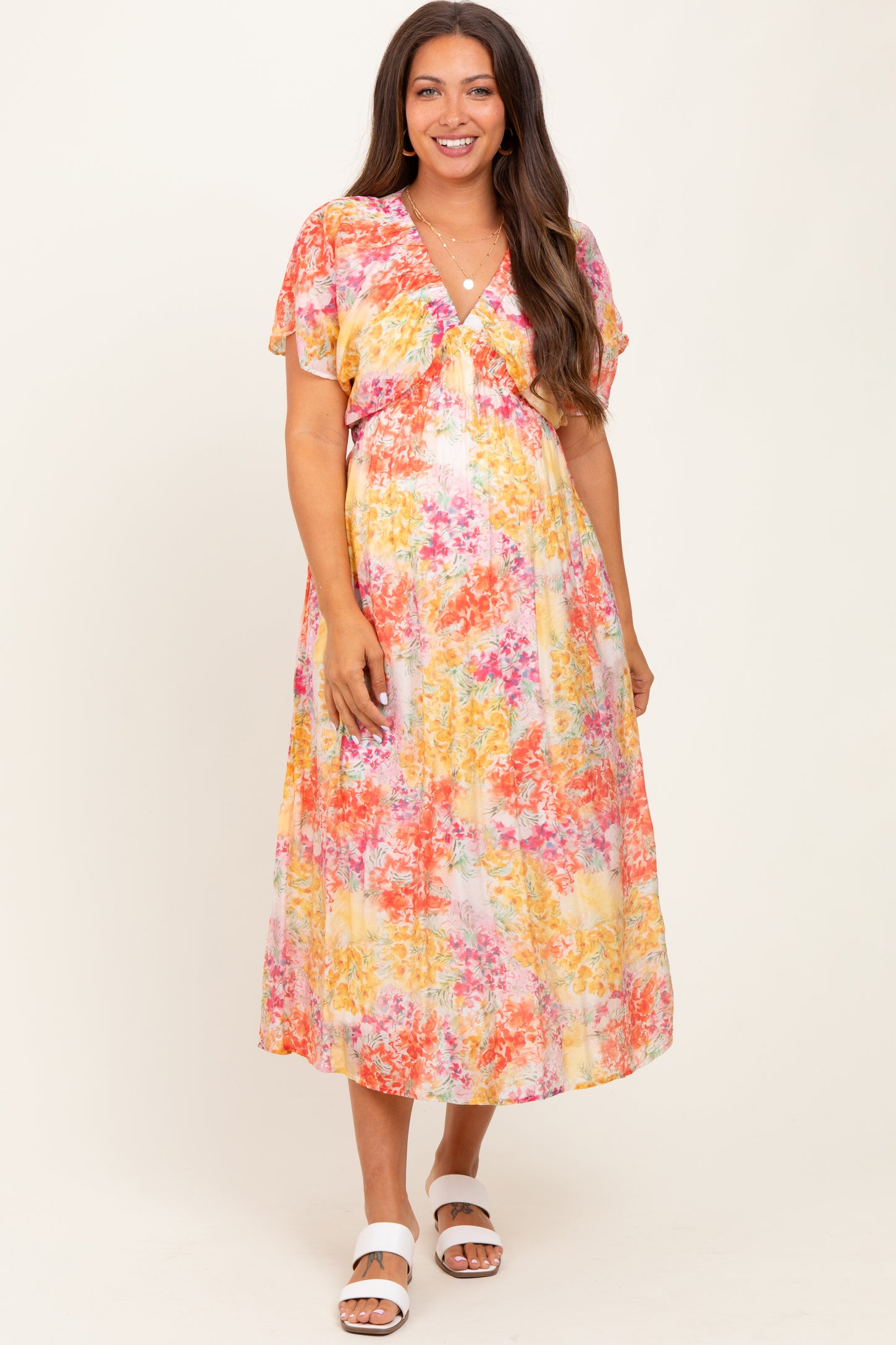 Yellow Mix Textured Floral Gathered V Neck Maternity Dress