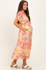 Yellow Mix Textured Floral Gathered V Neck Maternity Dress