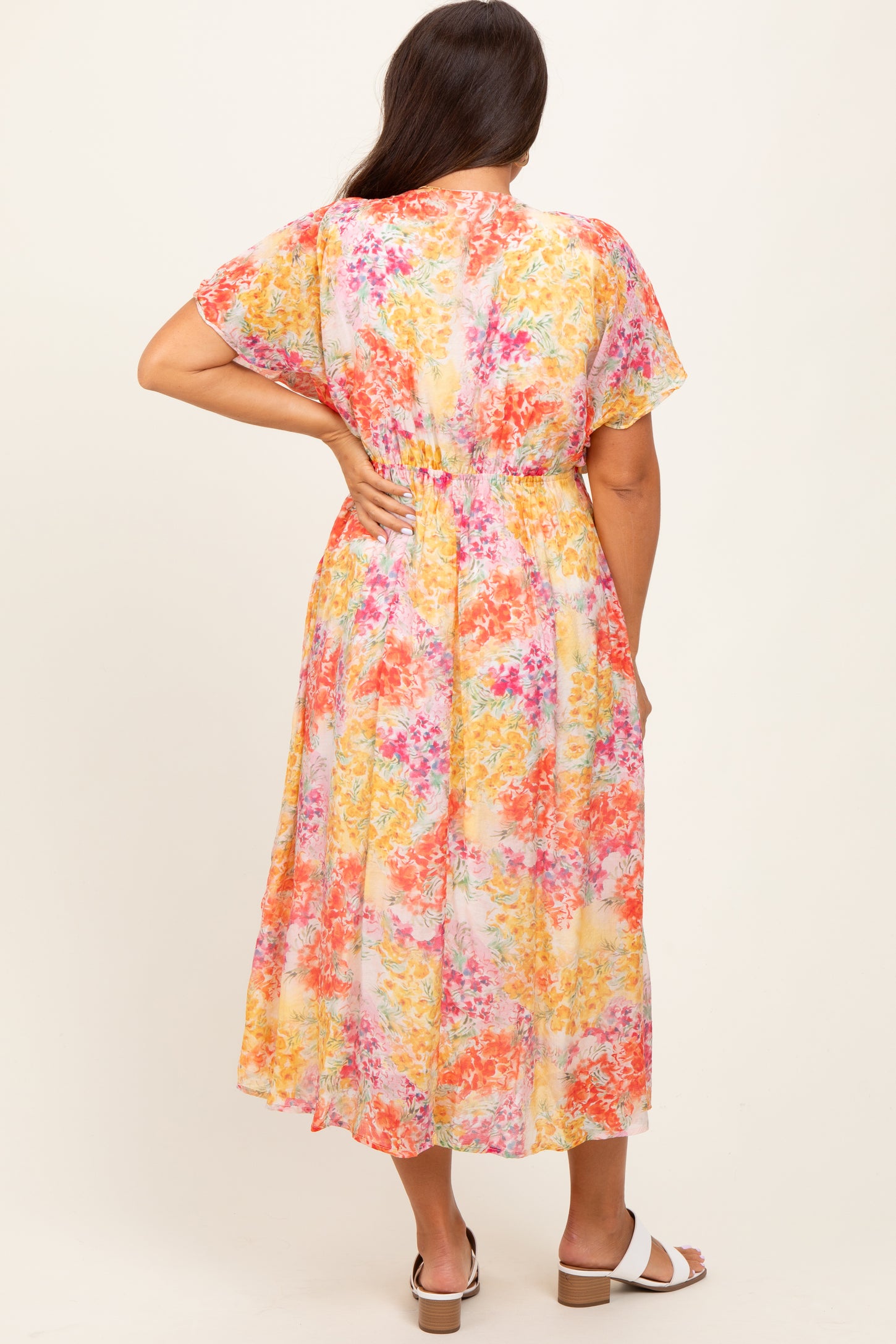 Yellow Mix Textured Floral Gathered V Neck Maternity Dress