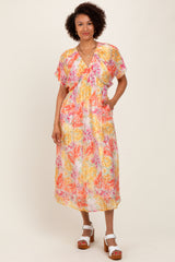 Yellow Mix Textured Floral Gathered V Neck Dress